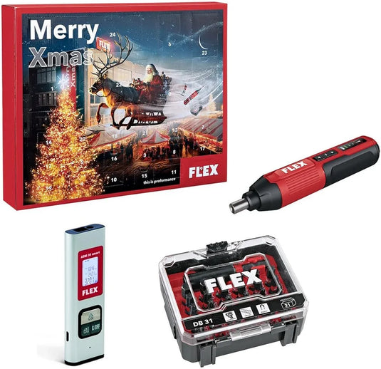 Flex Advent Calendar 2024 - Cordless Screwdriver, Laser Rangefinder & 31-Piece Bit Box