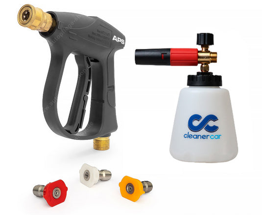 APS - Stubby Quick Release Gun + Multi Tip Set 3pk + CleanerCar Snow Foam Lance + Hose Adaptor