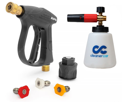 APS - Stubby Quick Release Gun + Multi Tip Set 3pk + CleanerCar Snow Foam Lance + Hose Adaptor